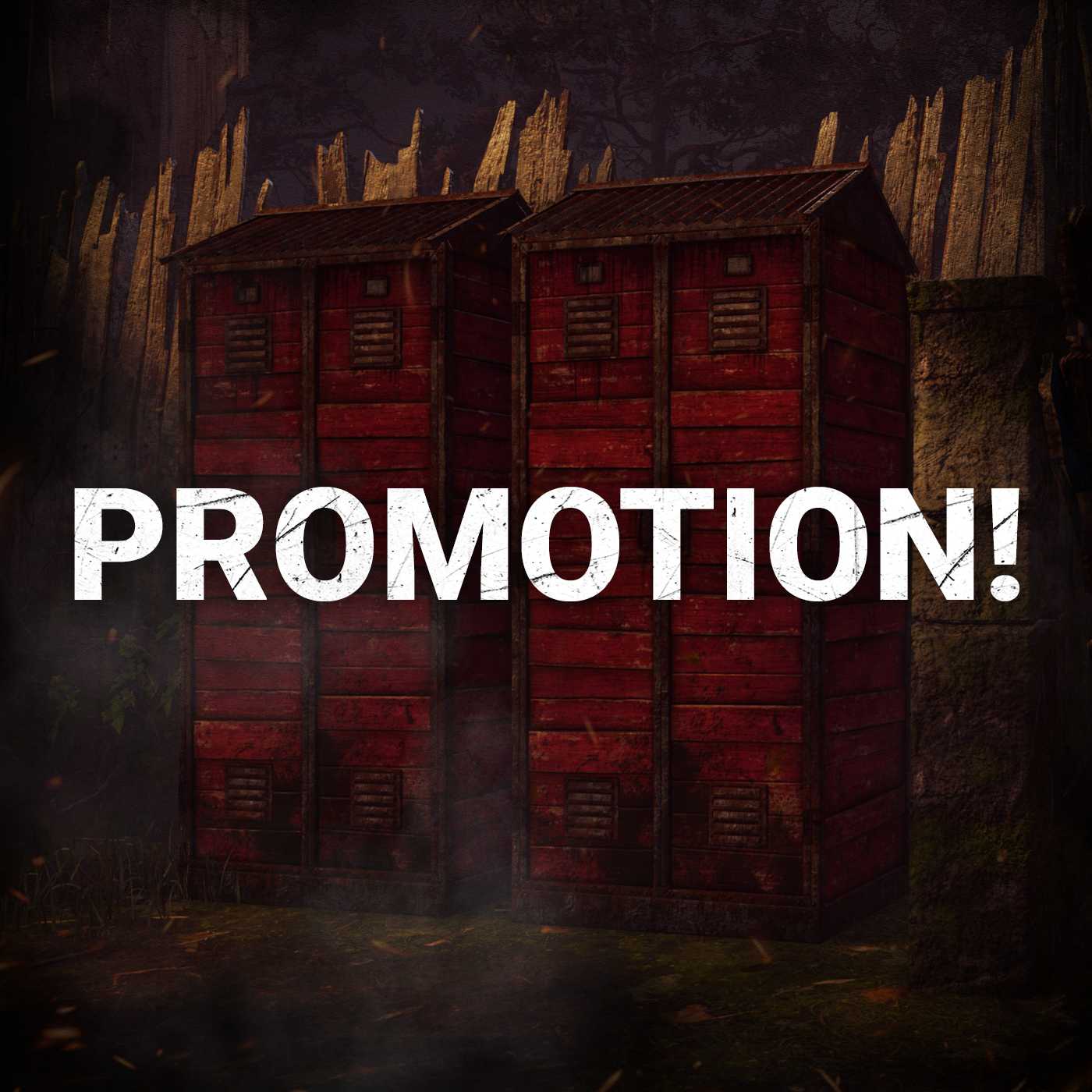 Two red wooden crates with a 'PROMOTION!' text overlay on a dark background.