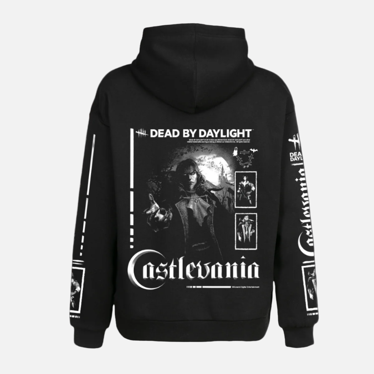 Black hoodie with 'Castlevania' text and character illustrations on the front and sleeves.