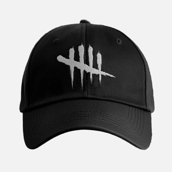 Black cap with a Dead by Daylight logo 