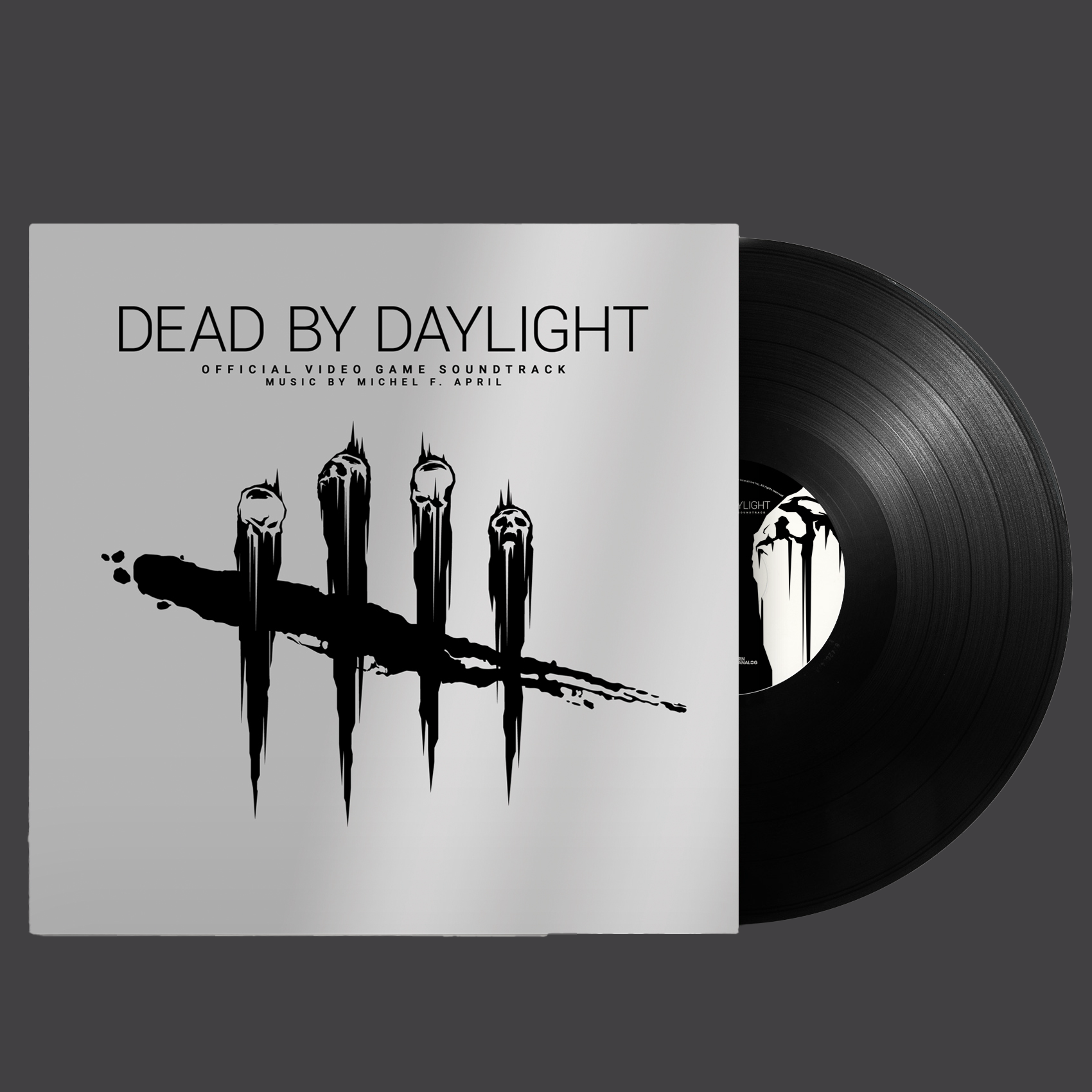 Vinyl record and cover for 'Dead by Daylight' with tally marks design on a silver background
