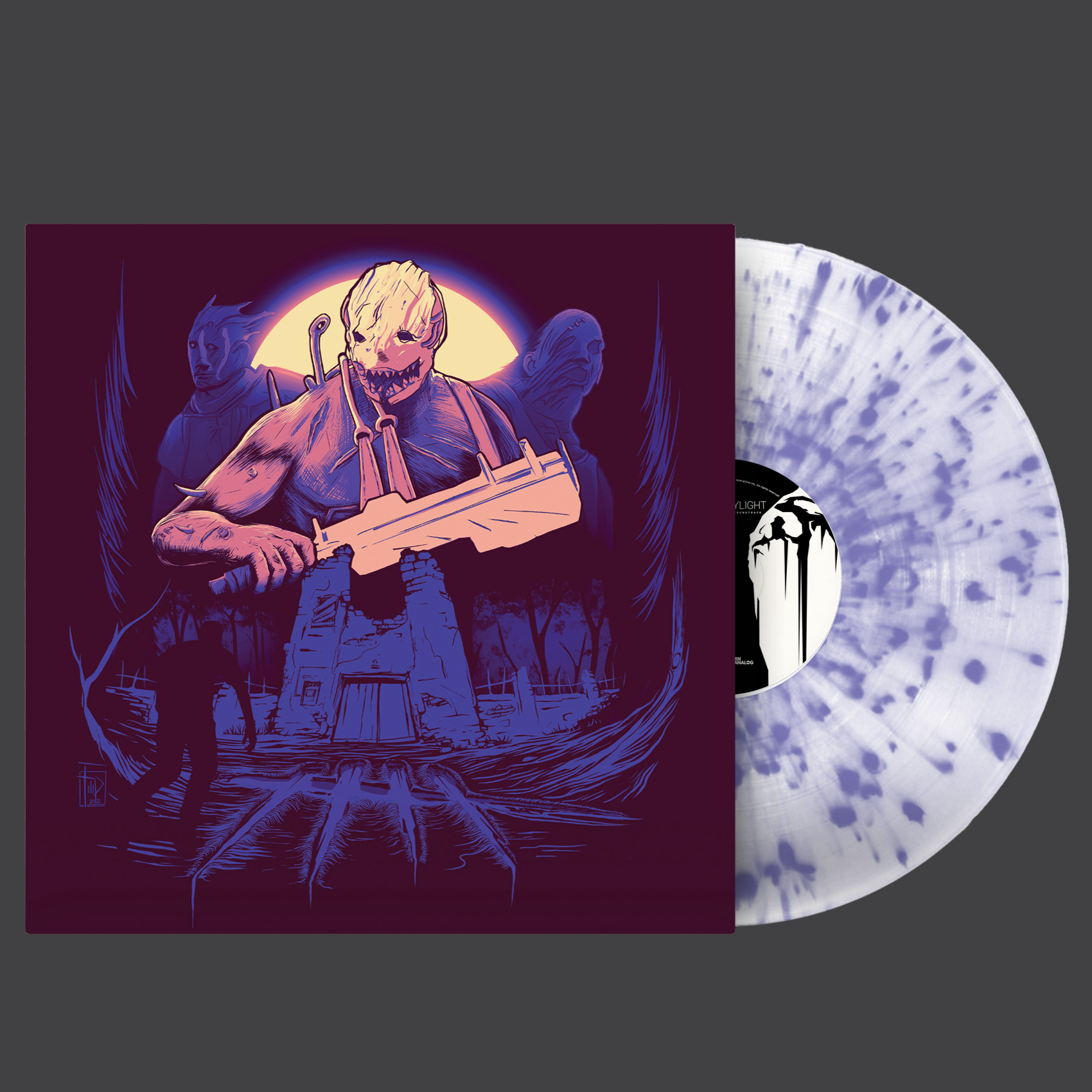 Vinyl record with a cover featuring a stylized illustration of The Trapper holding a machete on a dark background.