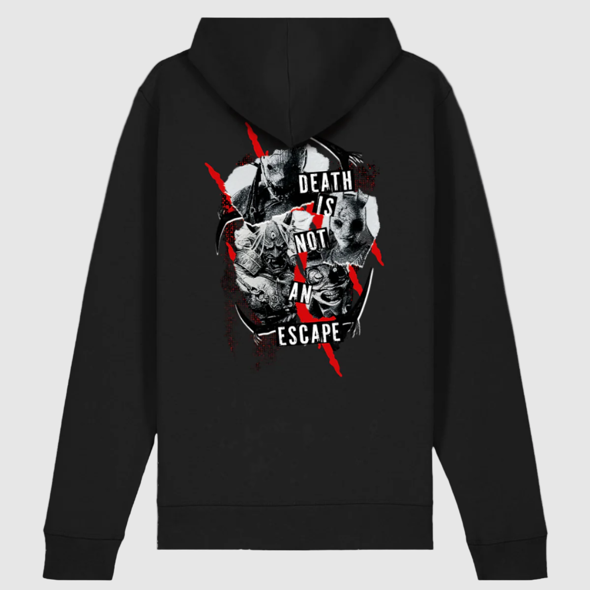 Black hoodie with a graphic print of 4 charactera and the text 'DEATH IS NOT AN ESCAPE' on the front.