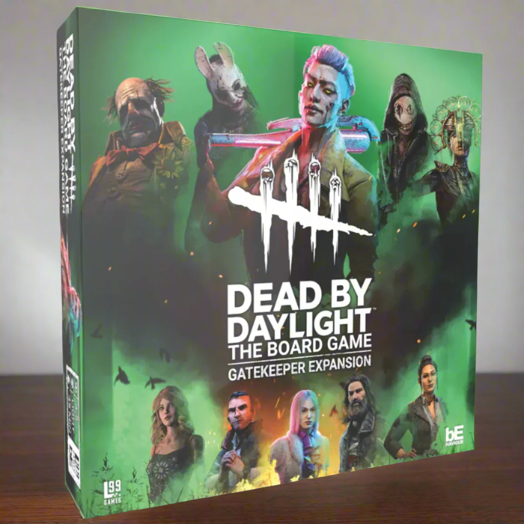 Box cover art for Dead by Daylight: The Board Game Gatekeeper Expansion, featuring illustrations of characters from the game.