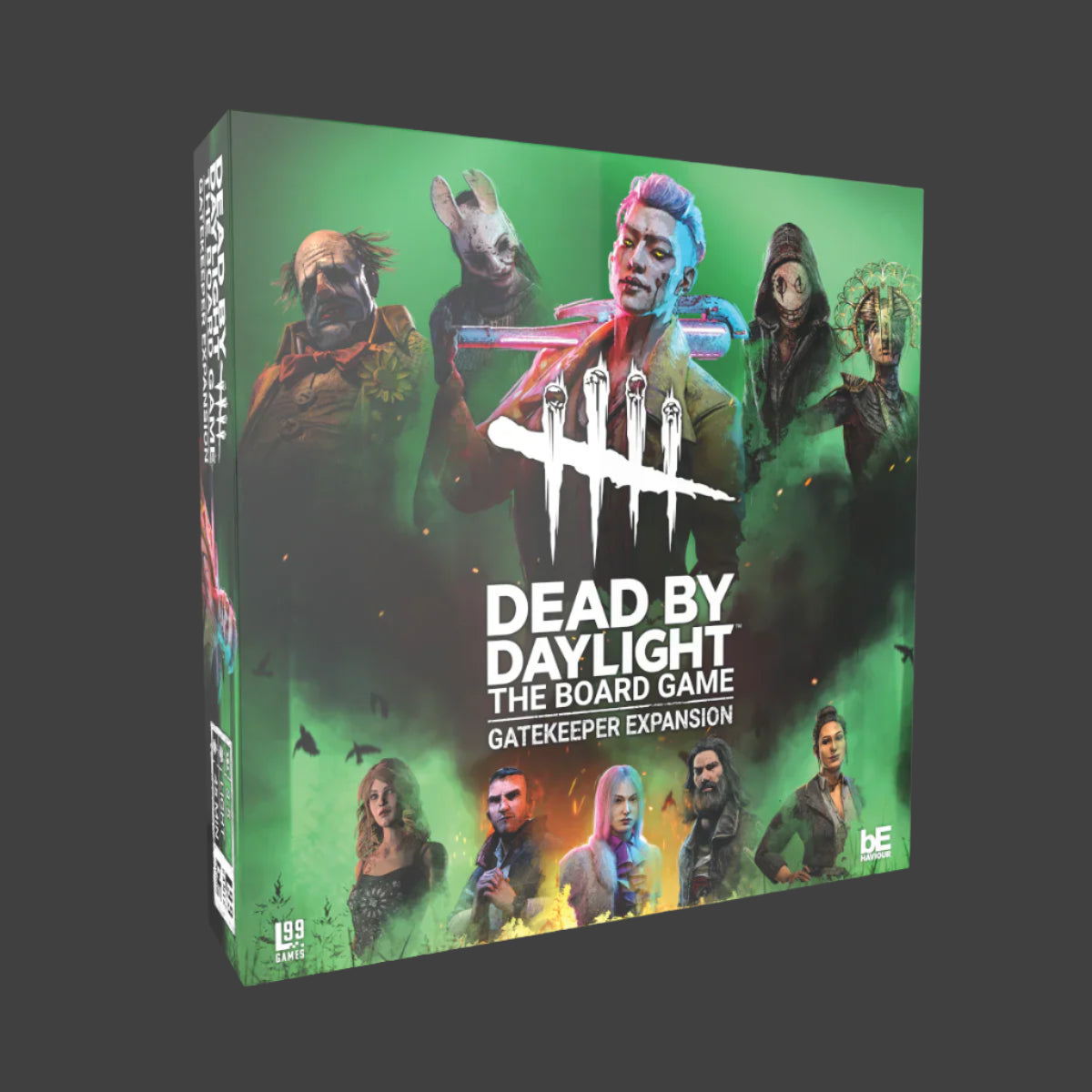 Dead by Daylight board game expansion box with character images on a green background