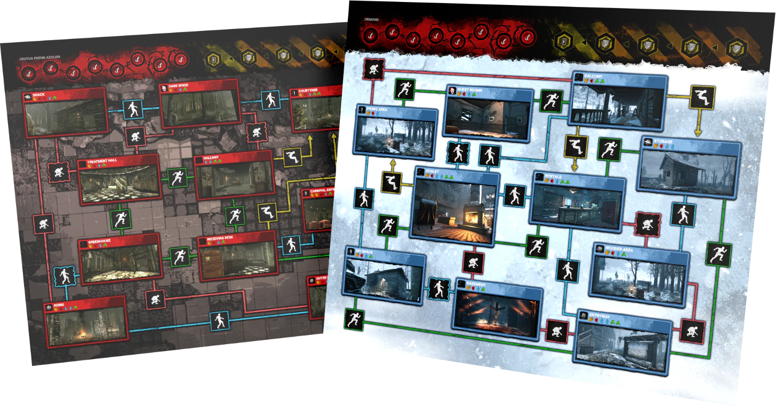 Two game maps with detailed layouts and icons on a white background