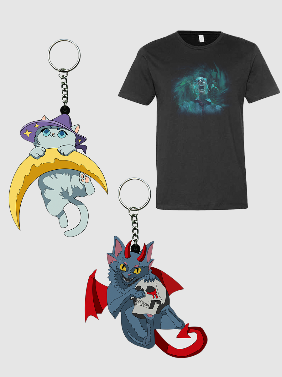 Bat Cat and Moon Cat keychains + Haunted by Daylight Tee Bundle