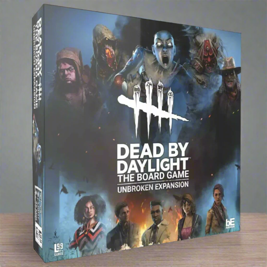 Board game box cover for 'Dead by Daylight: The Board Game Unbroken Expansion', featuring illustrated character miniatures from the game.