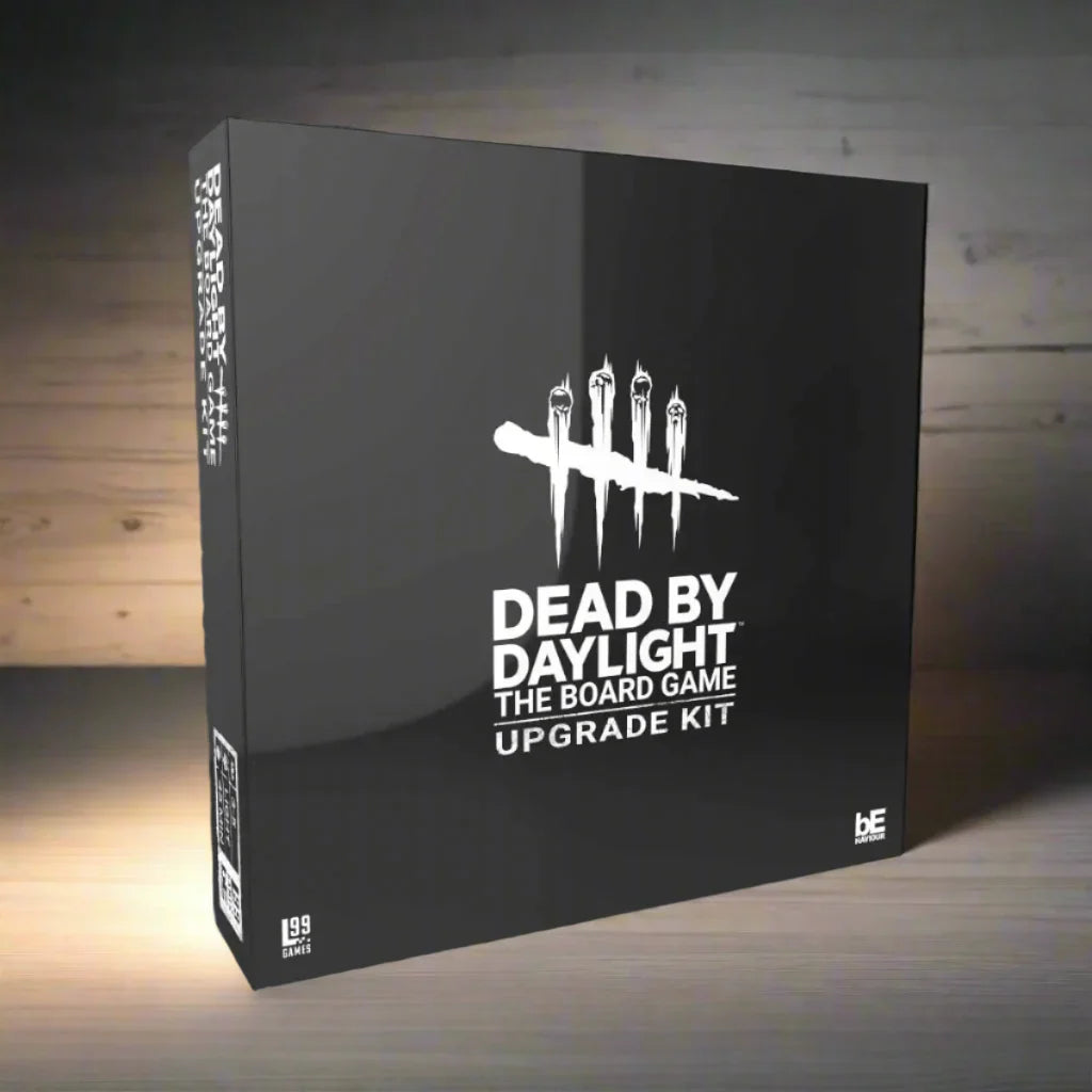 Black box of 'Dead by Daylight' board game upgrade kit on a wooden surface